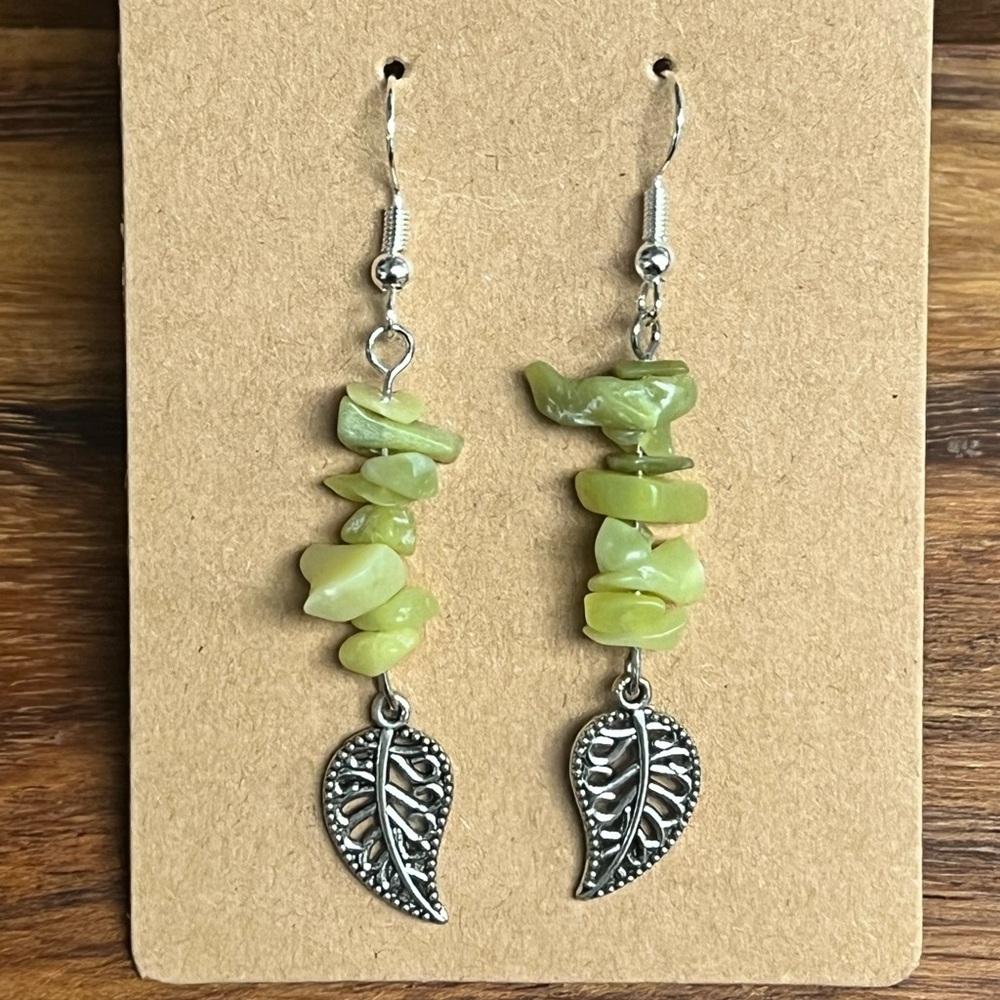 Silver and Green Leaf Earrings